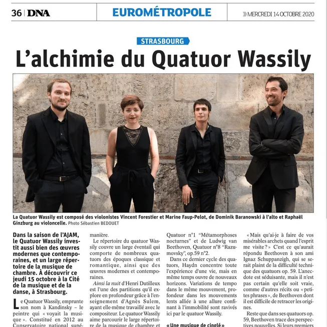 Article DNA Eurométropole du 14 Octobre 2020 L'alchimie du Quatuor Wassily