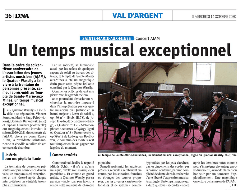 Article DNA Sainte-Marie-aux-Mines du 14 Octobre 2020 Un temps musical exceptionnel